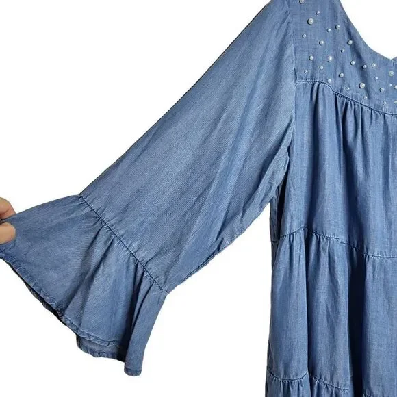 Elliott & Vine Blue Tiered Chambray Tencel Pearl Bell Sleeves Dress Size 3X - Picture 5 of 9